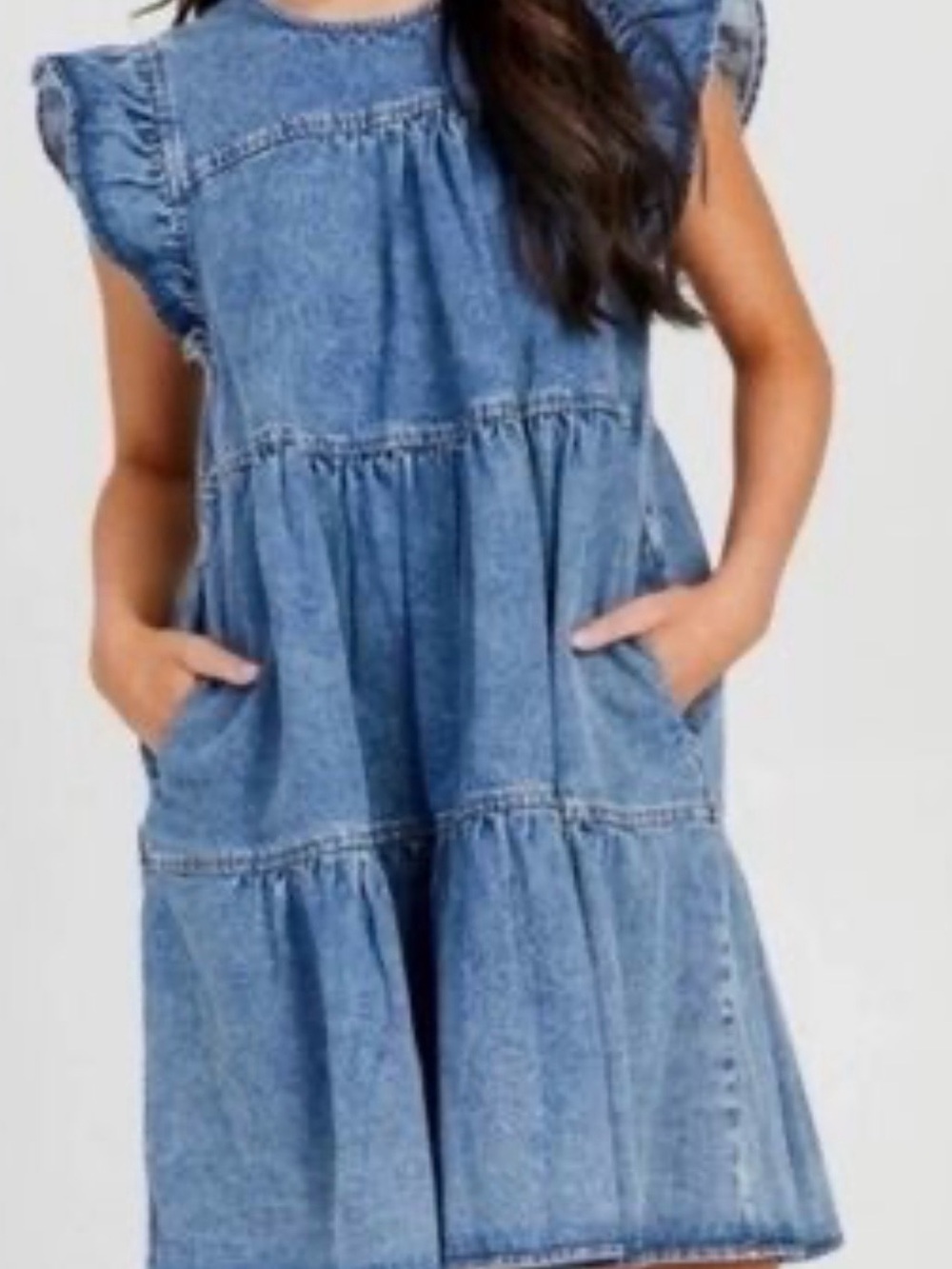 Altar'd State Blue Denim Dreams Tiered Babydoll Dress with Pockets NWT